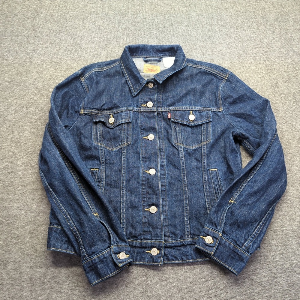 Levis Jacket Boys Extra Large Blue Denim Dark‎ Wash Trucker Type 3 Buckle Back
